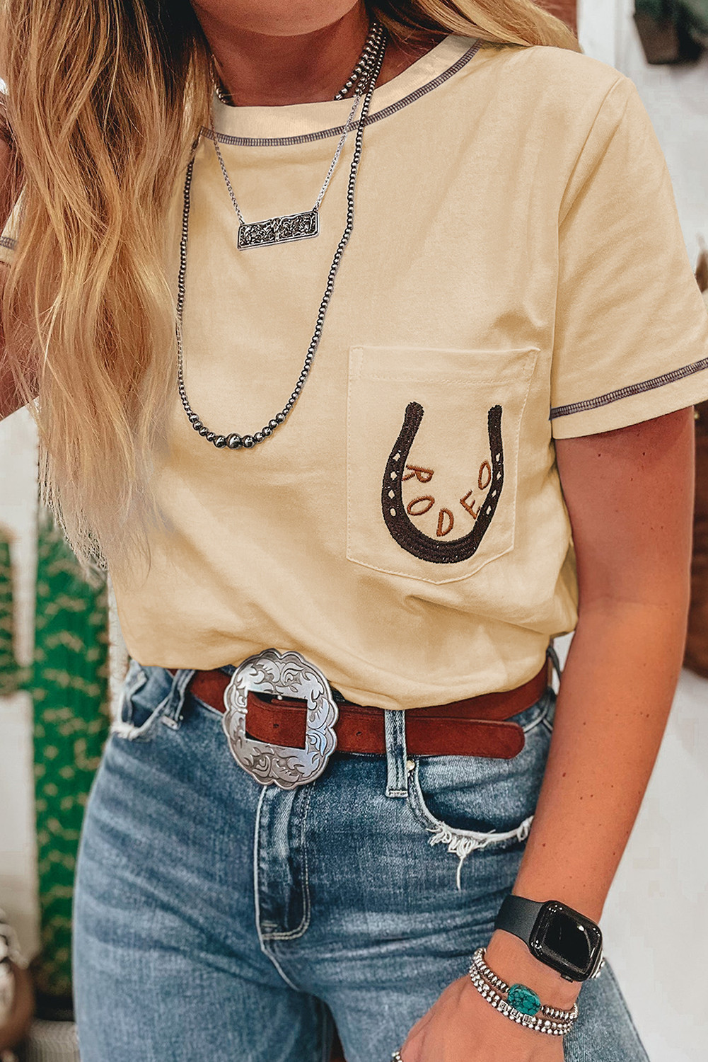 Apricot RODEO Horseshoe Embroidered Patch Pocket Tee