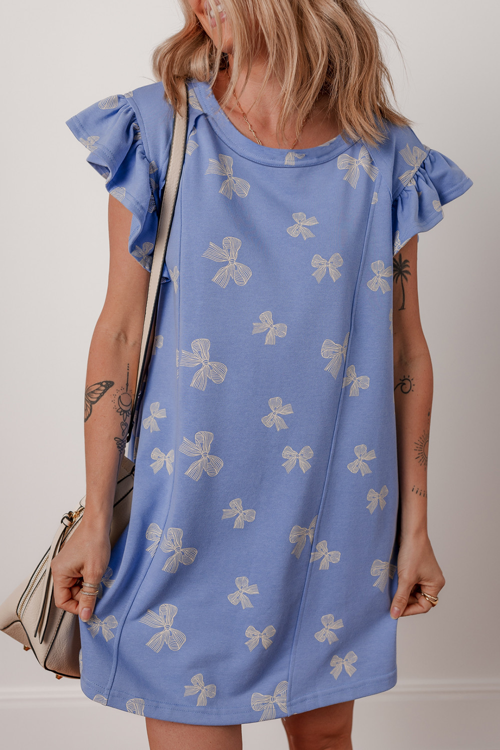 Sky Blue Bow Print Ruffle Sleeve Mini Dress