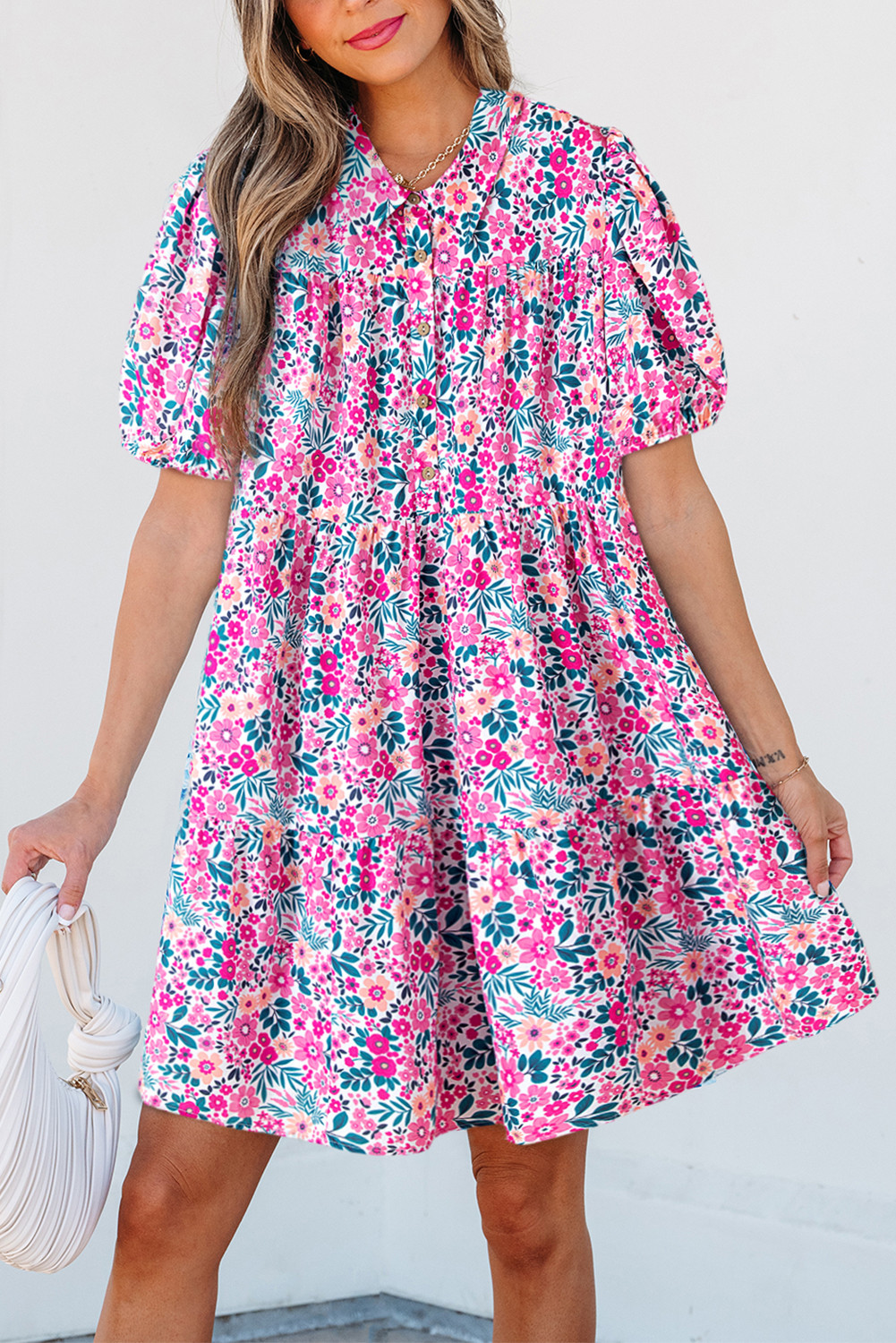 Pink Allover Floral Print Collar Half Button Short Sleeve Loose Dress