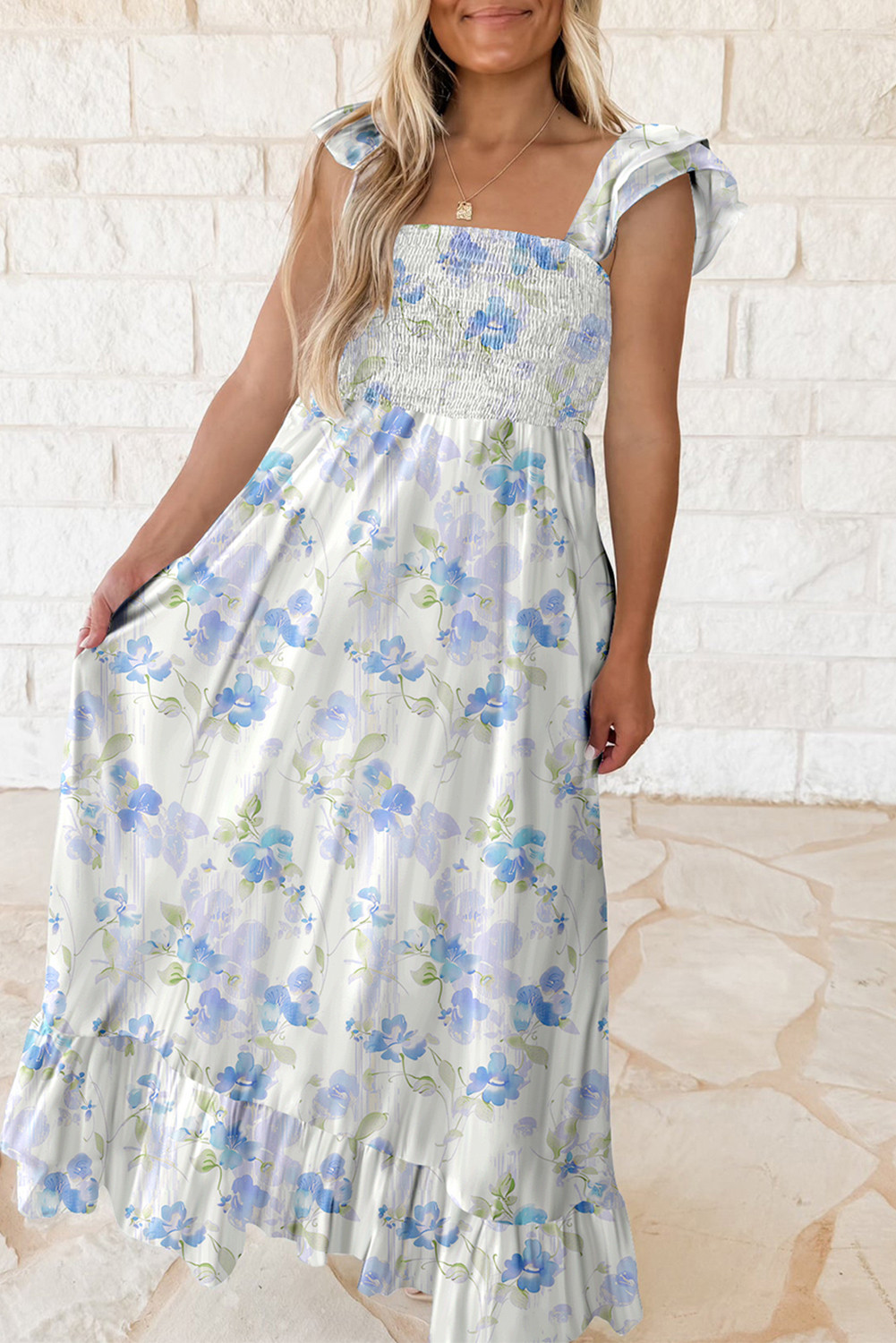 Sky Blue Floral Smocked High Waist Ruffle Sleeveless Long Dress