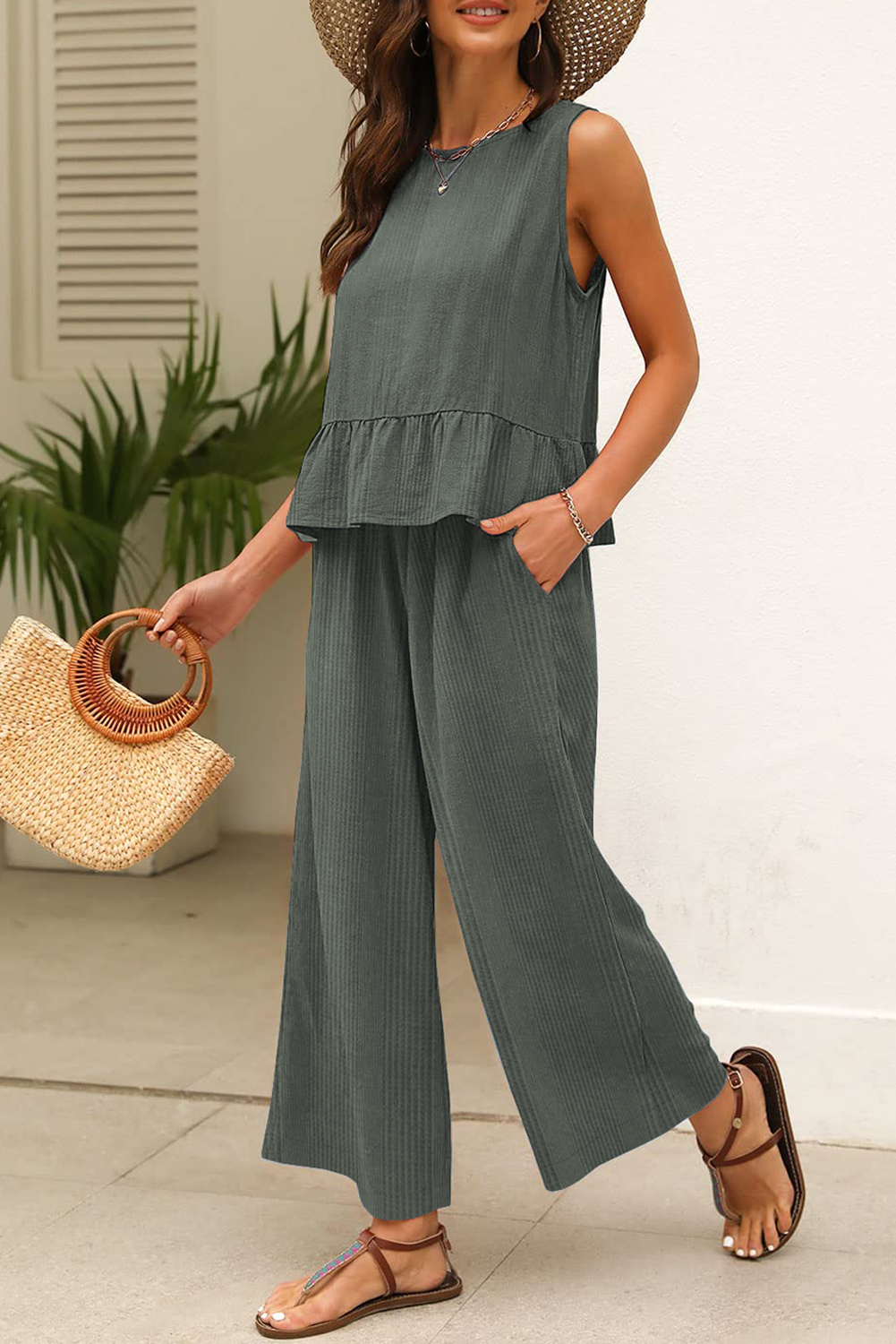 Shewin Wholesale Stores Duffel Green Solid Color Ribbed Ruffle TANK TOP and Pants Set