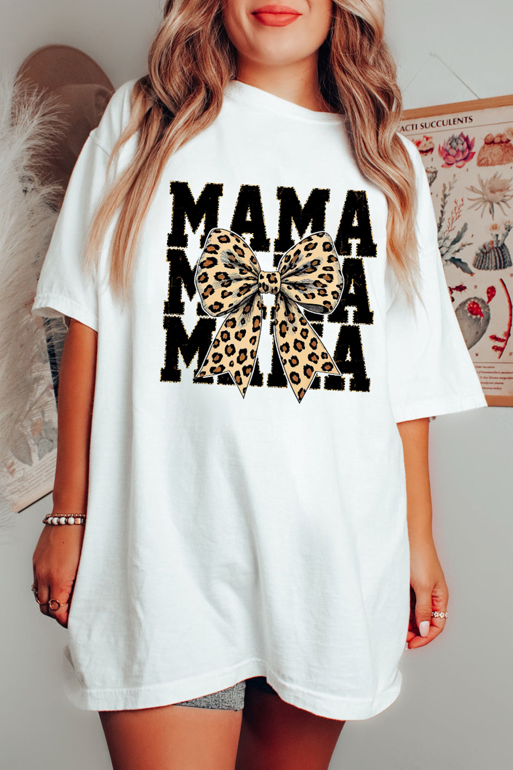 White Leopard Bow MAMA Letter Graphic Tunic T Shirt