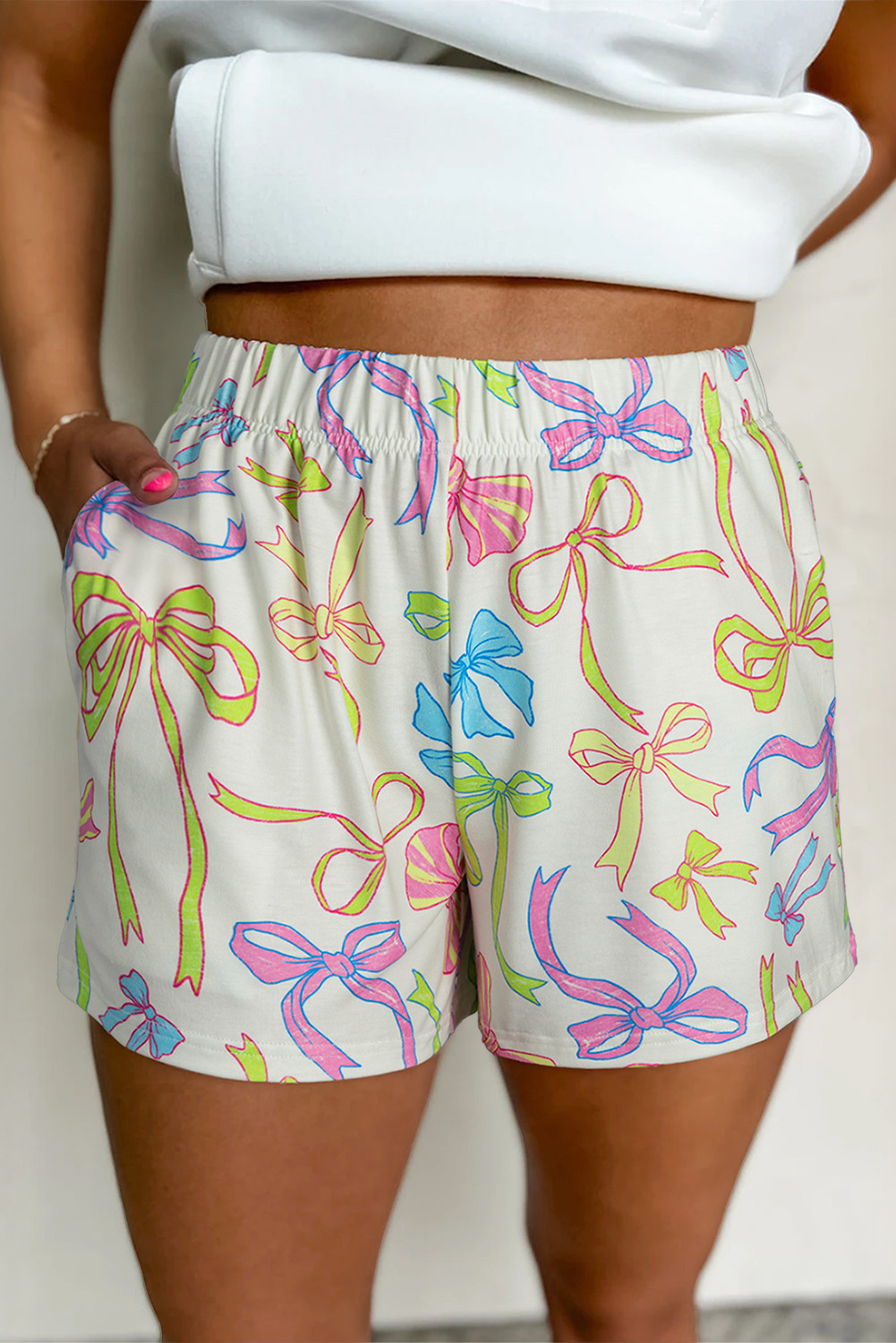 White Colorful Bow Print Pocket Shorts