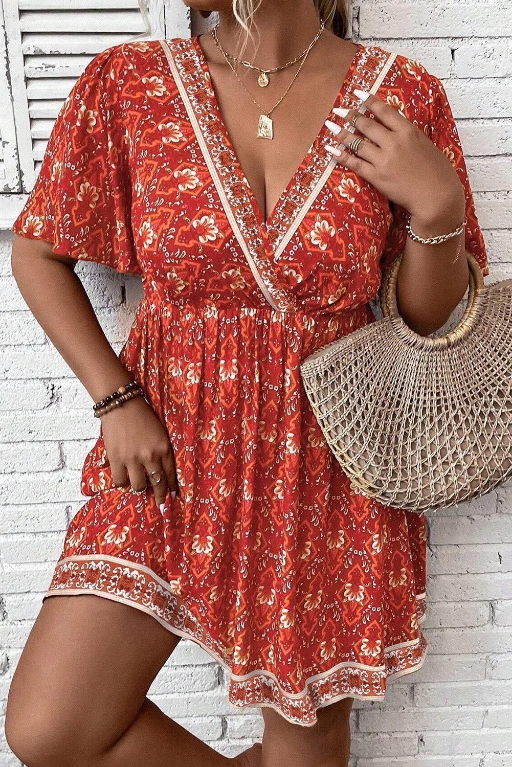 Orange Plus Size Boho Print Surplice Neck Empire Waist Flowy Mini Dress