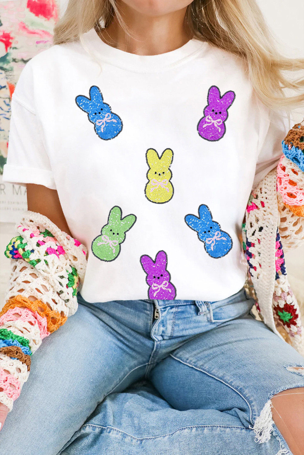 White Sequin Bow Bunny Doll Patched Easter Graphic Tee