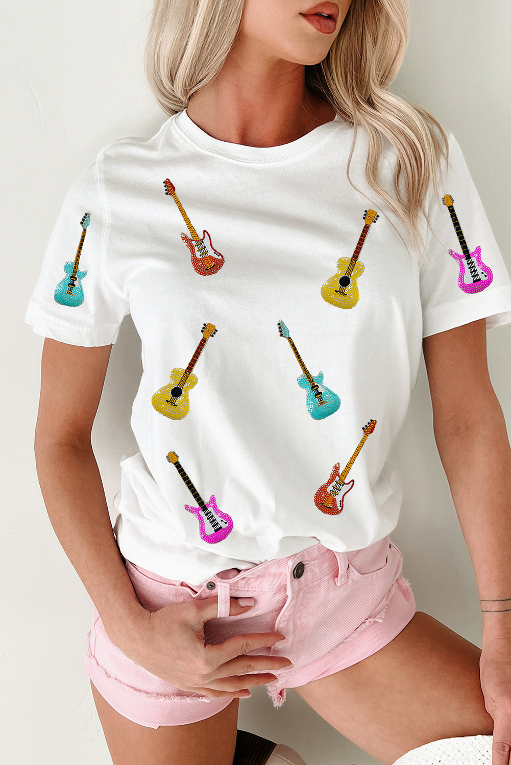 White Guitar Patched Graphic Crew Neck Tee