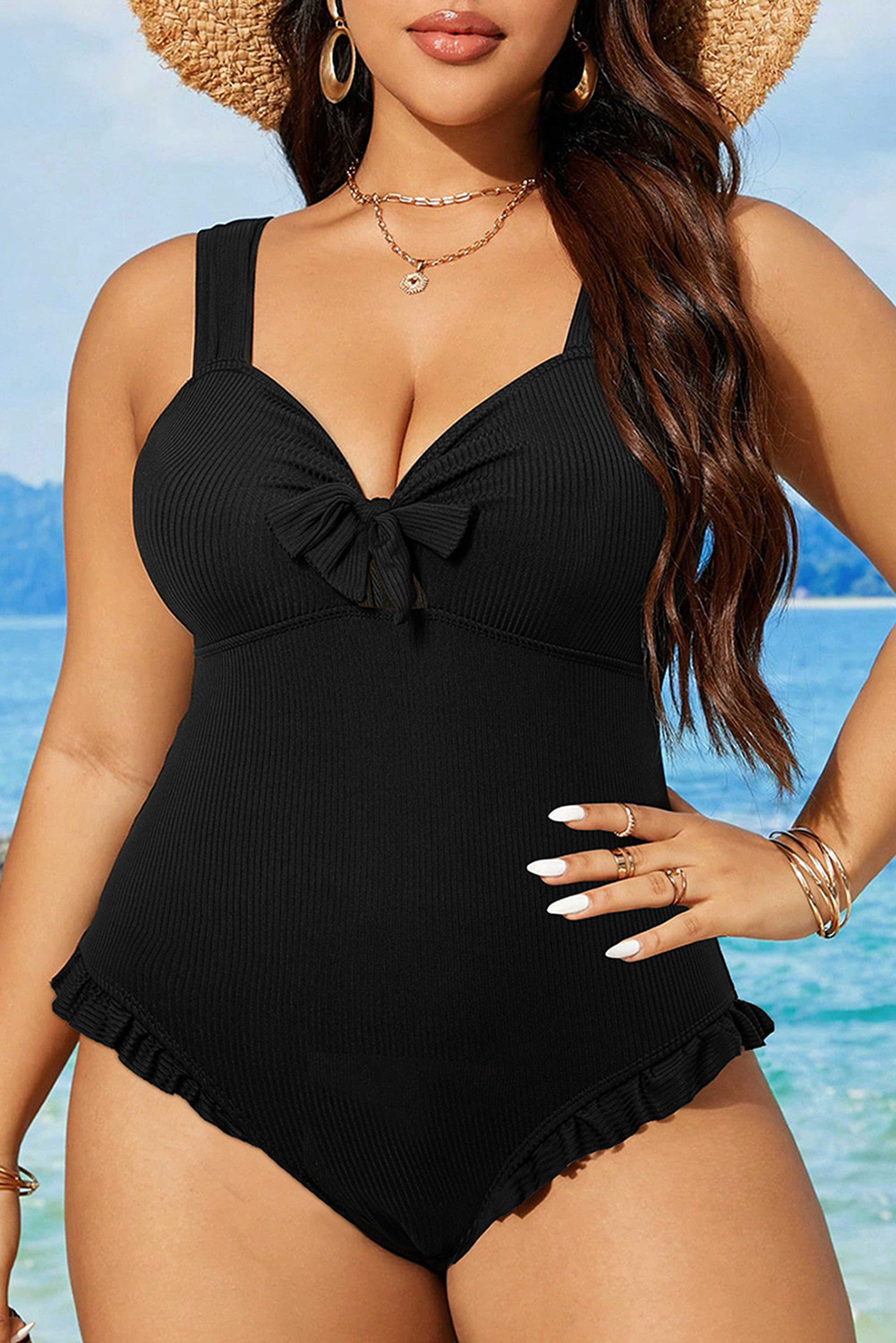 Black Plus Size Textured Knot Ruffle Trim One Piece Swimwear