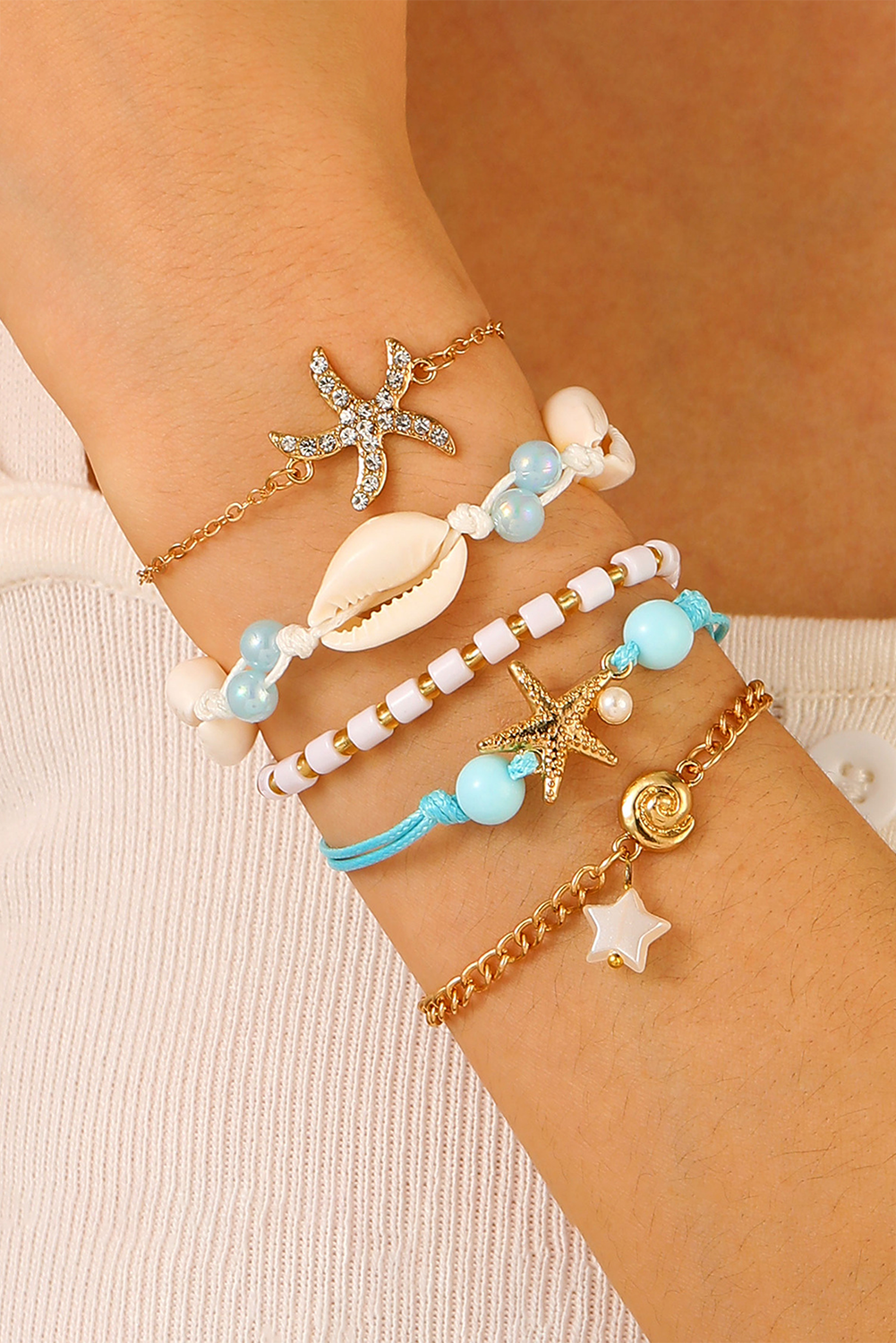Light Blue Boho Starfish Seashell Beaded Multi Layer Bracelets