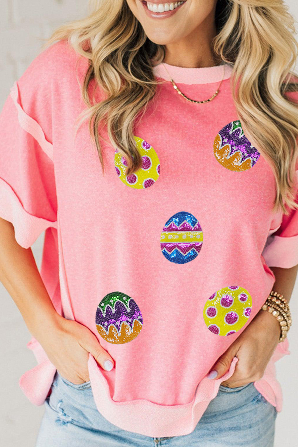 Peach Blossom Sequin Easter Egg Contrast Trim T Shirt