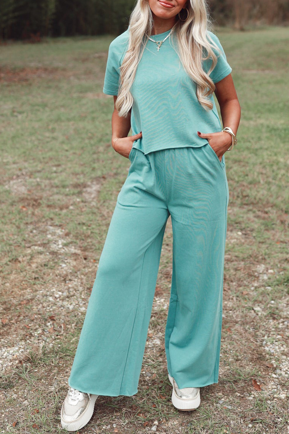 Mint Green Raglan Sleeve Tee and Wide Leg Pants Set