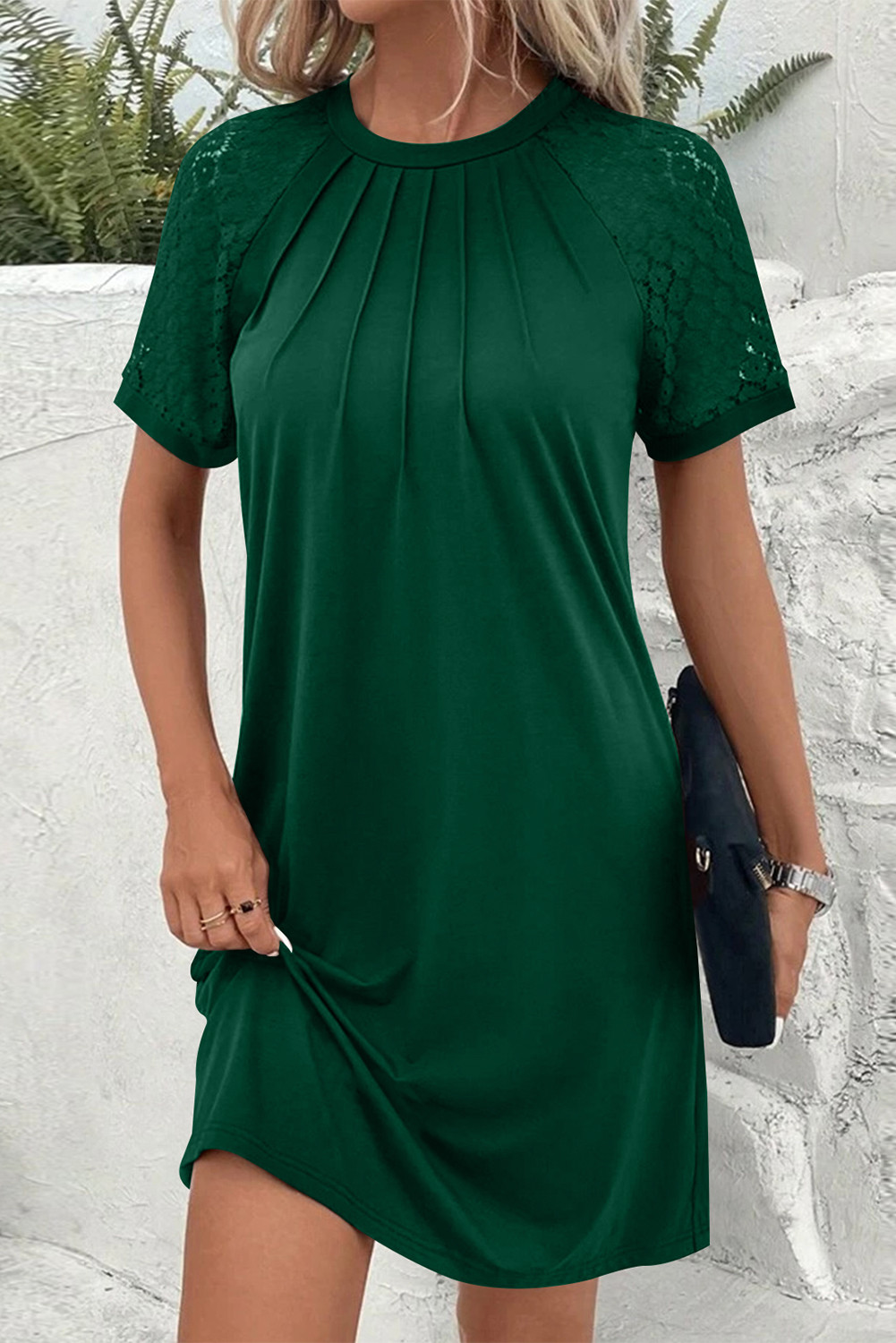 Blackish Green Contrast Lace Raglan Sleeve Pleated Mini Dress