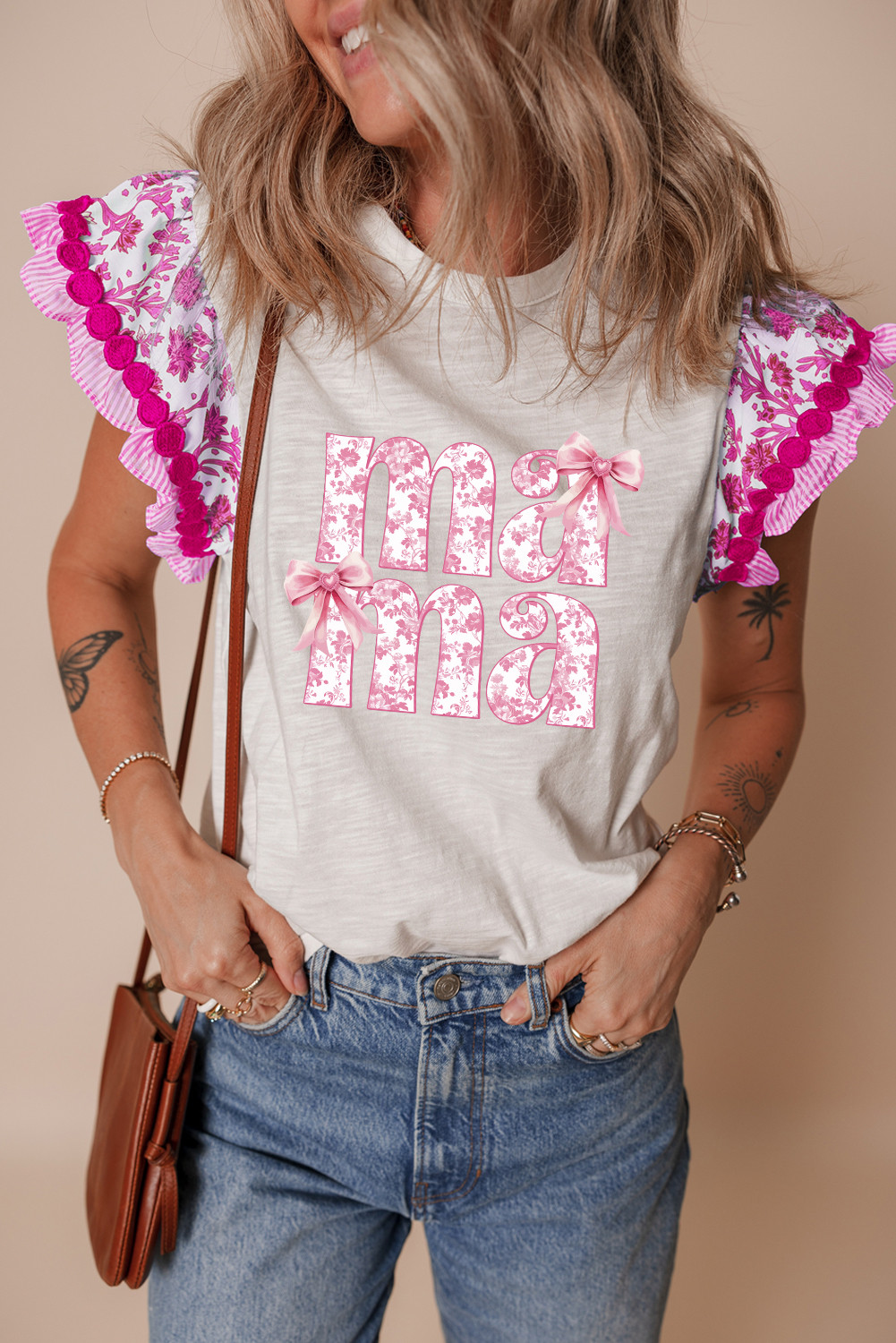 Rose Floral mama Letter Ruffle Patchwork Sleeve Top