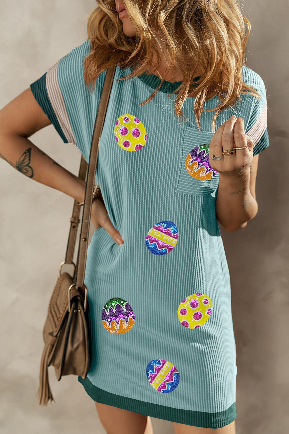 Moonlight Jade Corded Easter Egg Patched Colorblock Mini Dress