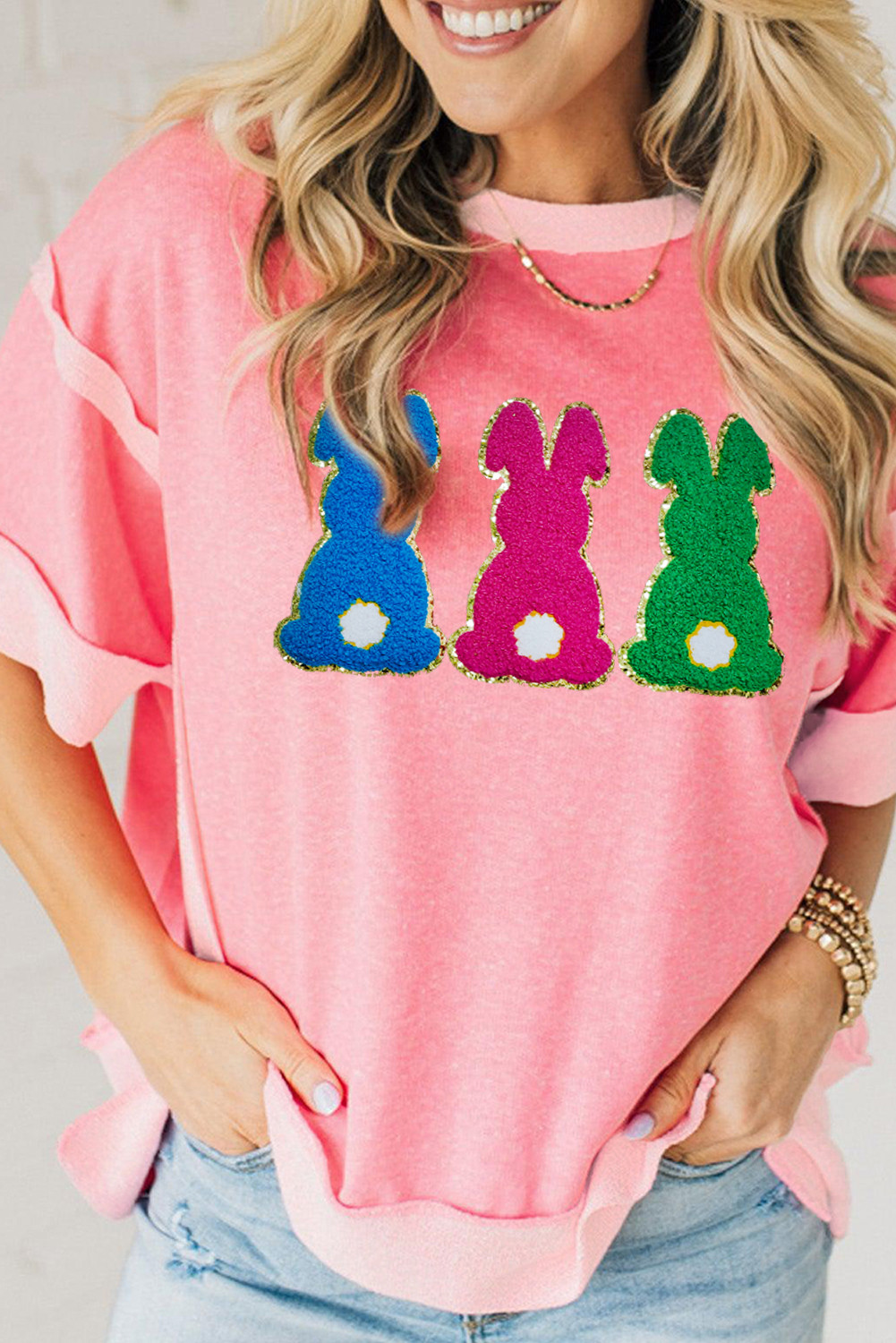 Peach Blossom Chenille Bunny Patched Contrast Trim Easter Graphic Tee