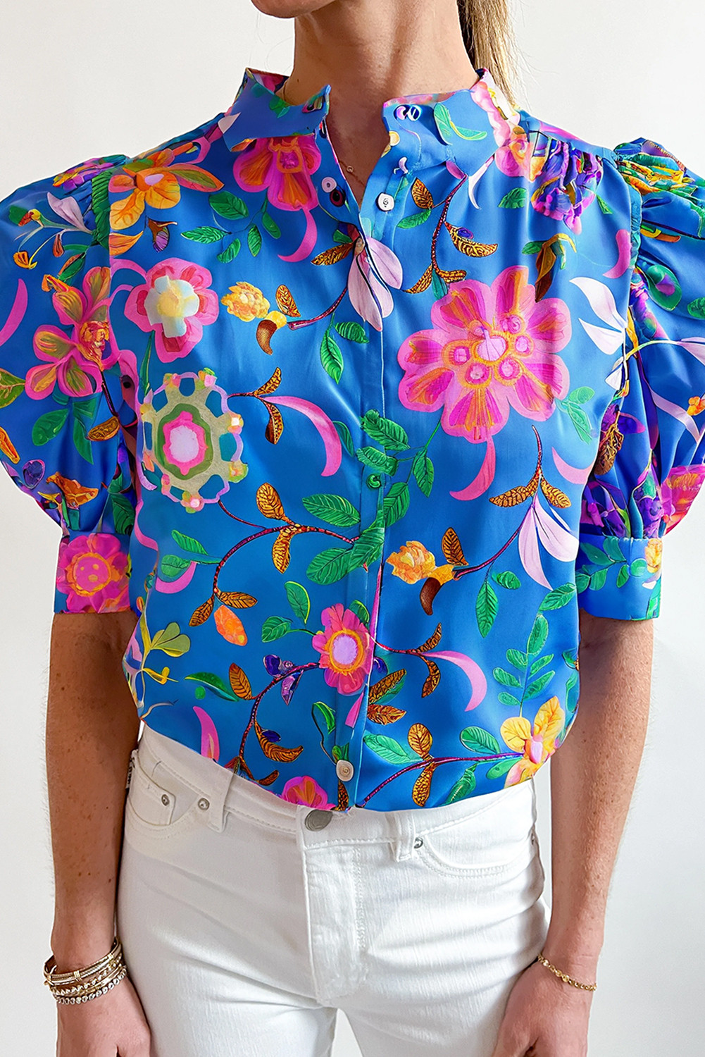 Blue Puff Sleeve Button Up Boho Floral Shirt