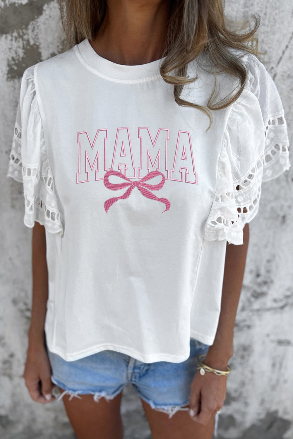 White MAMA Bow Embroidered Lace Patchwork Sleeve Top