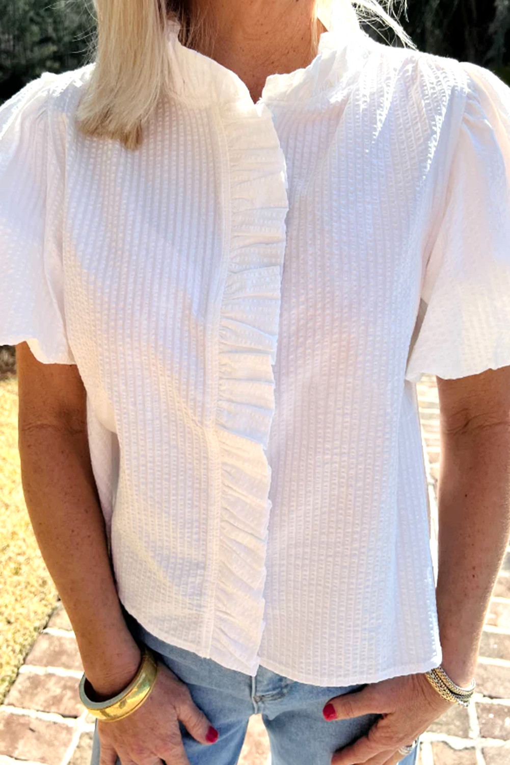 White Striped Bubble Sleeve Ruffle Shirt