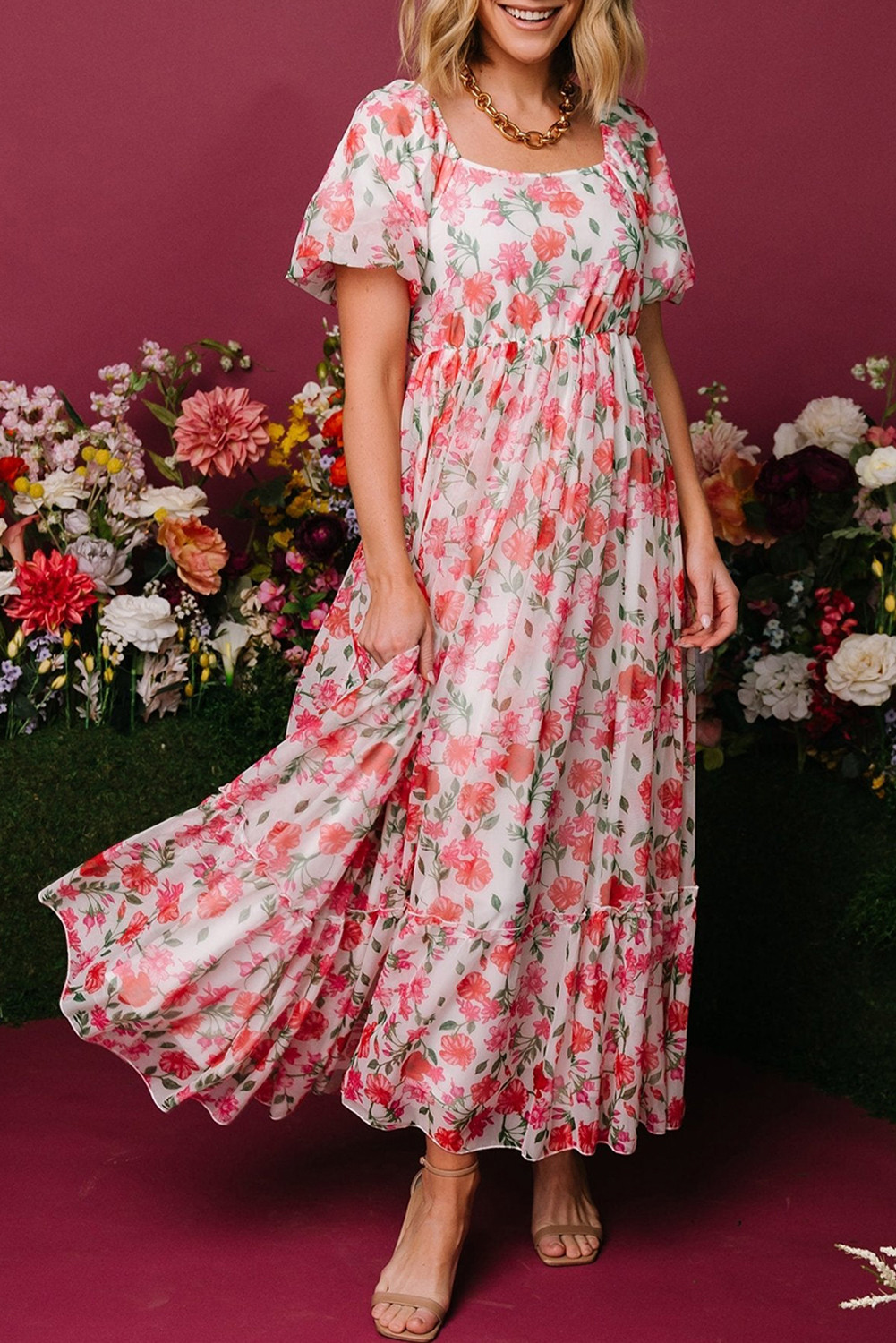 Pink Floral Puff Sleeve Square Neck Empire Waist Tiered Maxi Dress