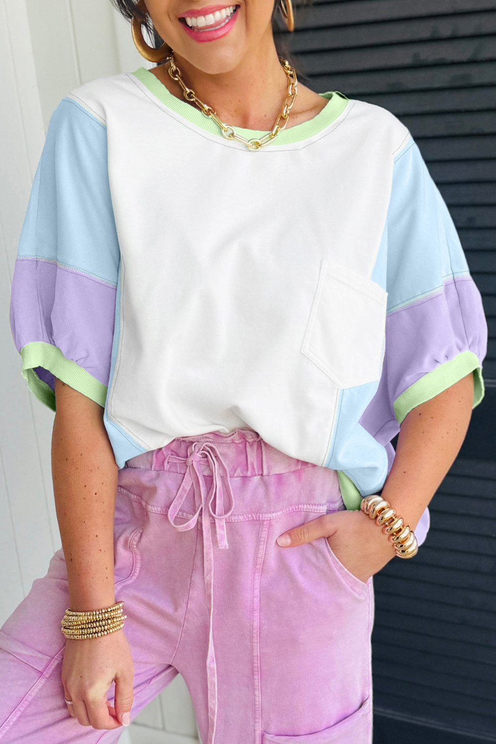 White Colorblock Patchwork Oversized T Shirt