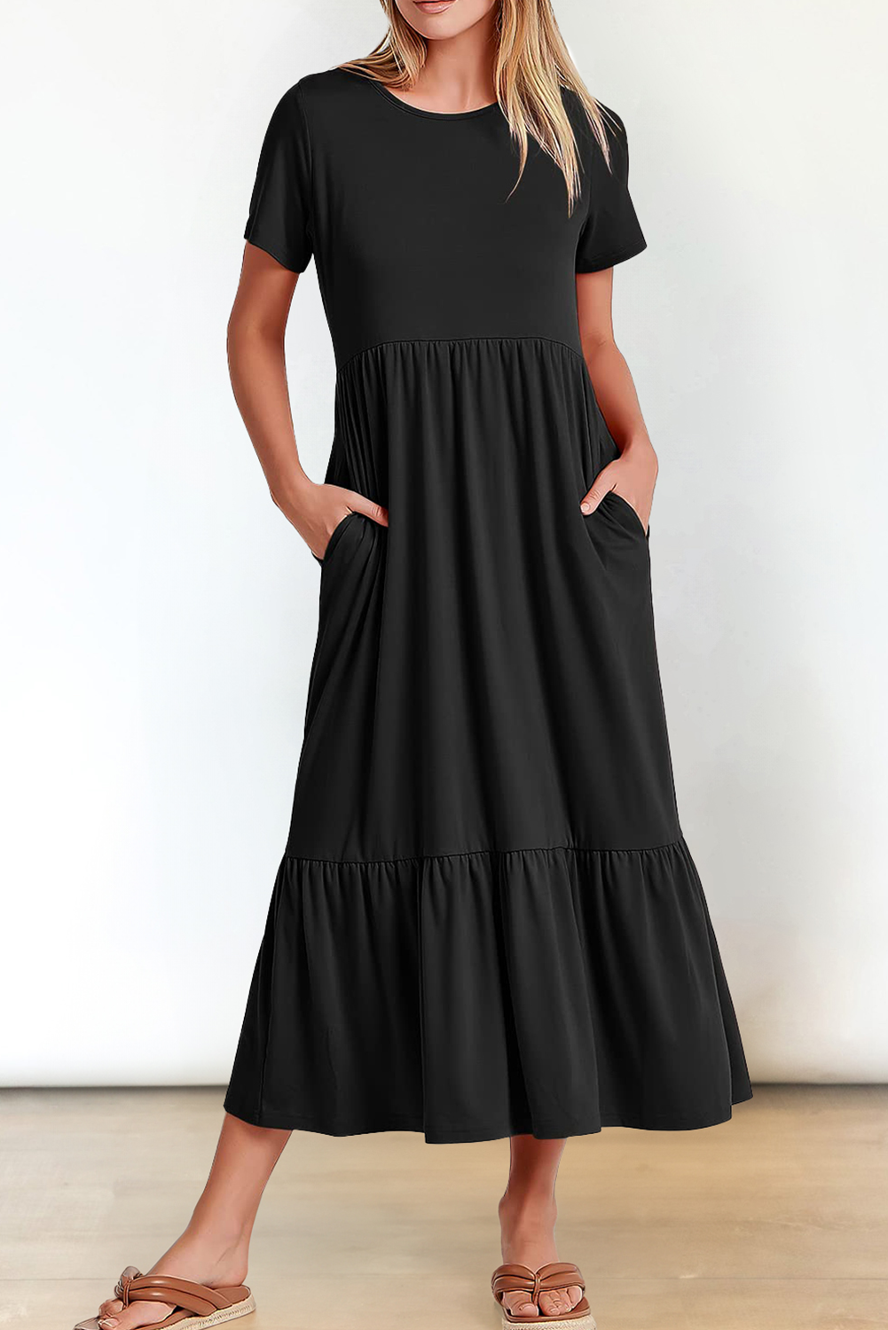 Black Solid Color Short Sleeve High Waist Pocketed Midi Dress