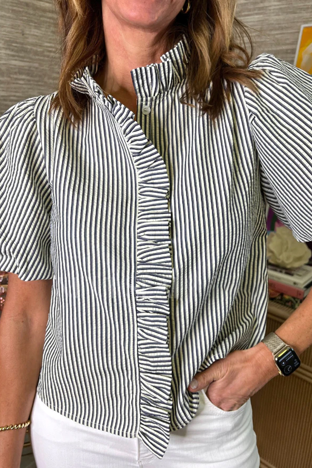 Black Striped Bubble Sleeve Ruffle Shirt