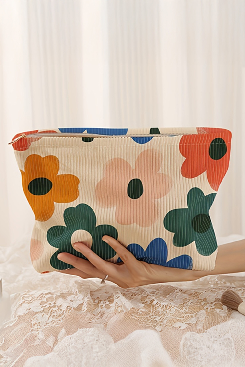 White Floral Print Corduroy Makeup Bag