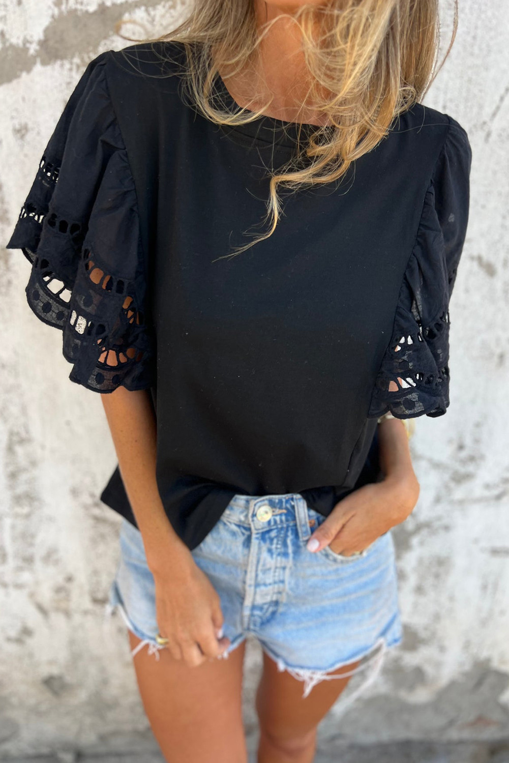 Black Hollow Out Embroidered Flounce Sleeve Blouse