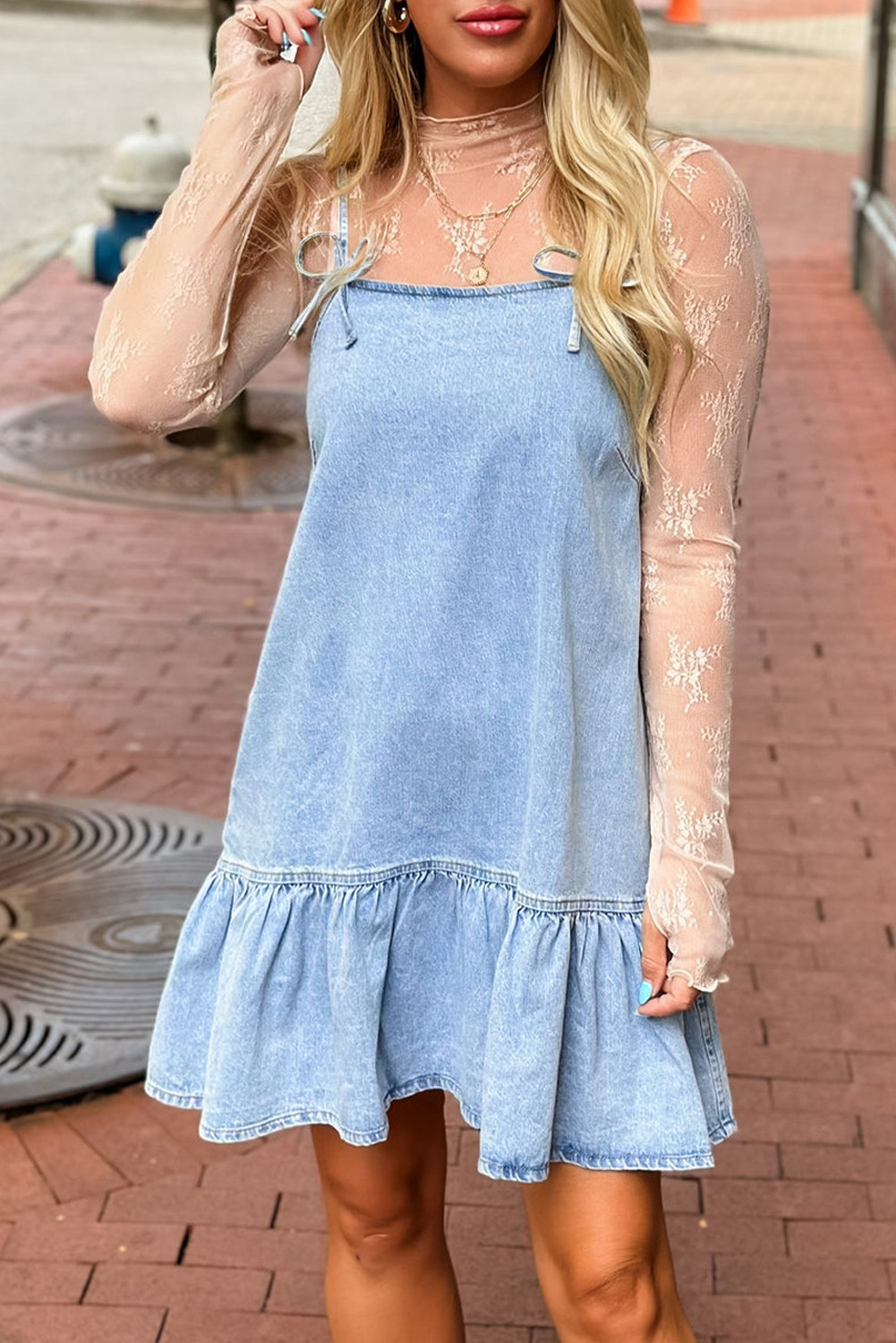 Beau Blue Bow Detail Spaghetti Straps Ruffle Hem Denim Dress