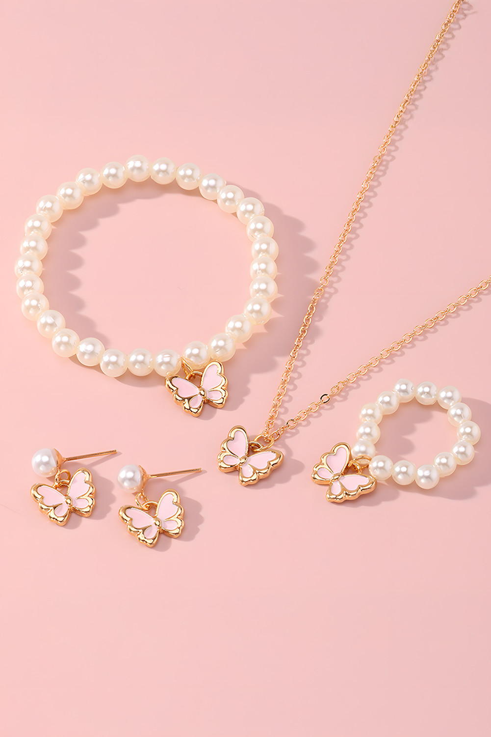 Pink Butterfly Pearl Necklace Bracelet Ring and Earrings Set