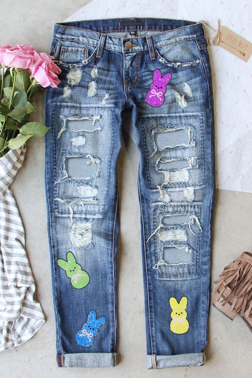 Sky Blue Sequin Easter Rabbit Patchwork Distressed Jeans