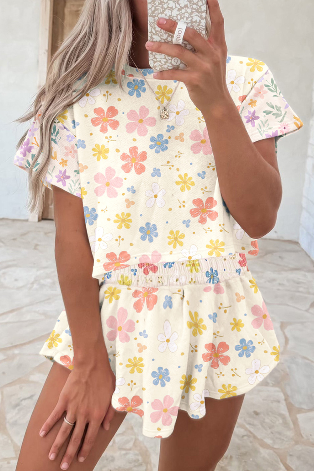 Apricot Allover Floral Print High Waist Loose Shorts Set