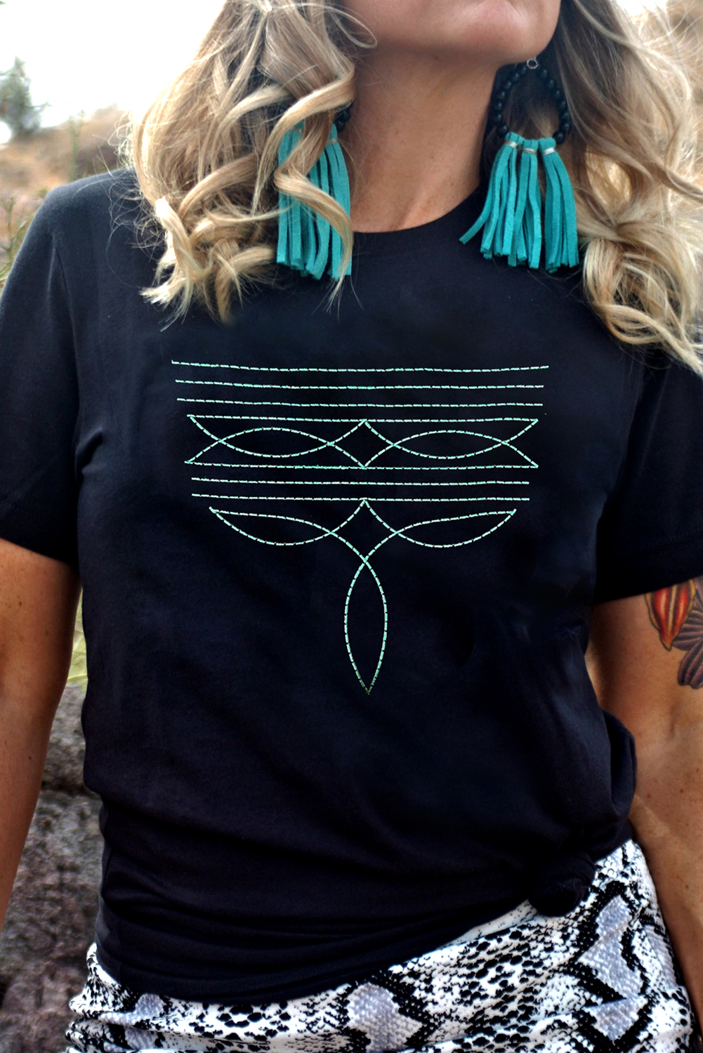 Black Western Fashion Boot Stitch T Shirt