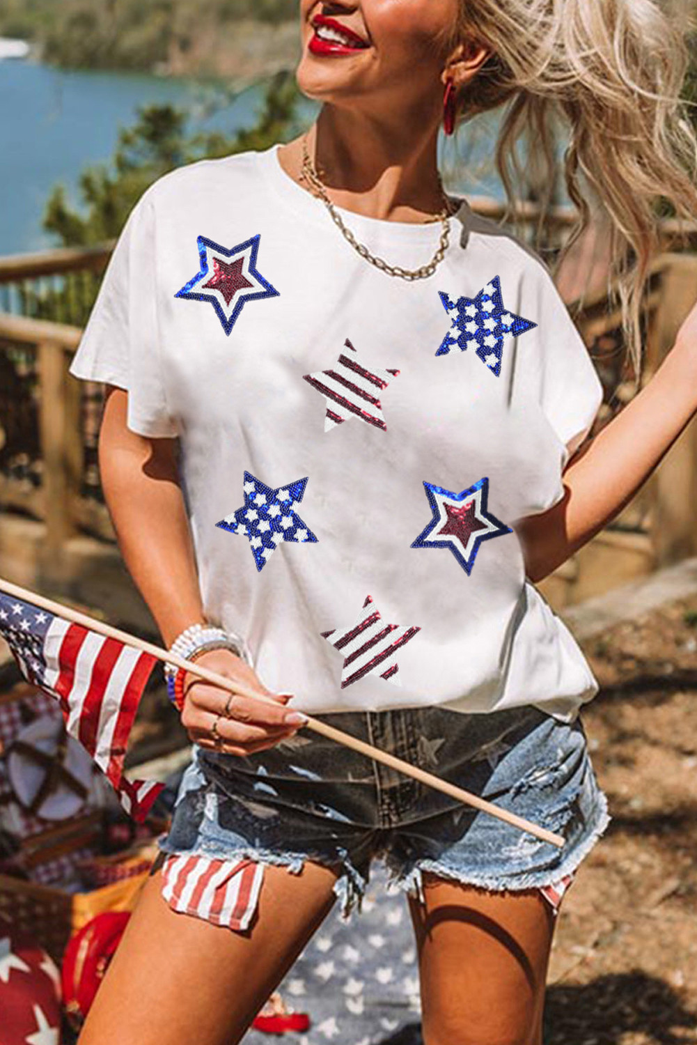 White Sequin Stars Patched Casual T Shirt