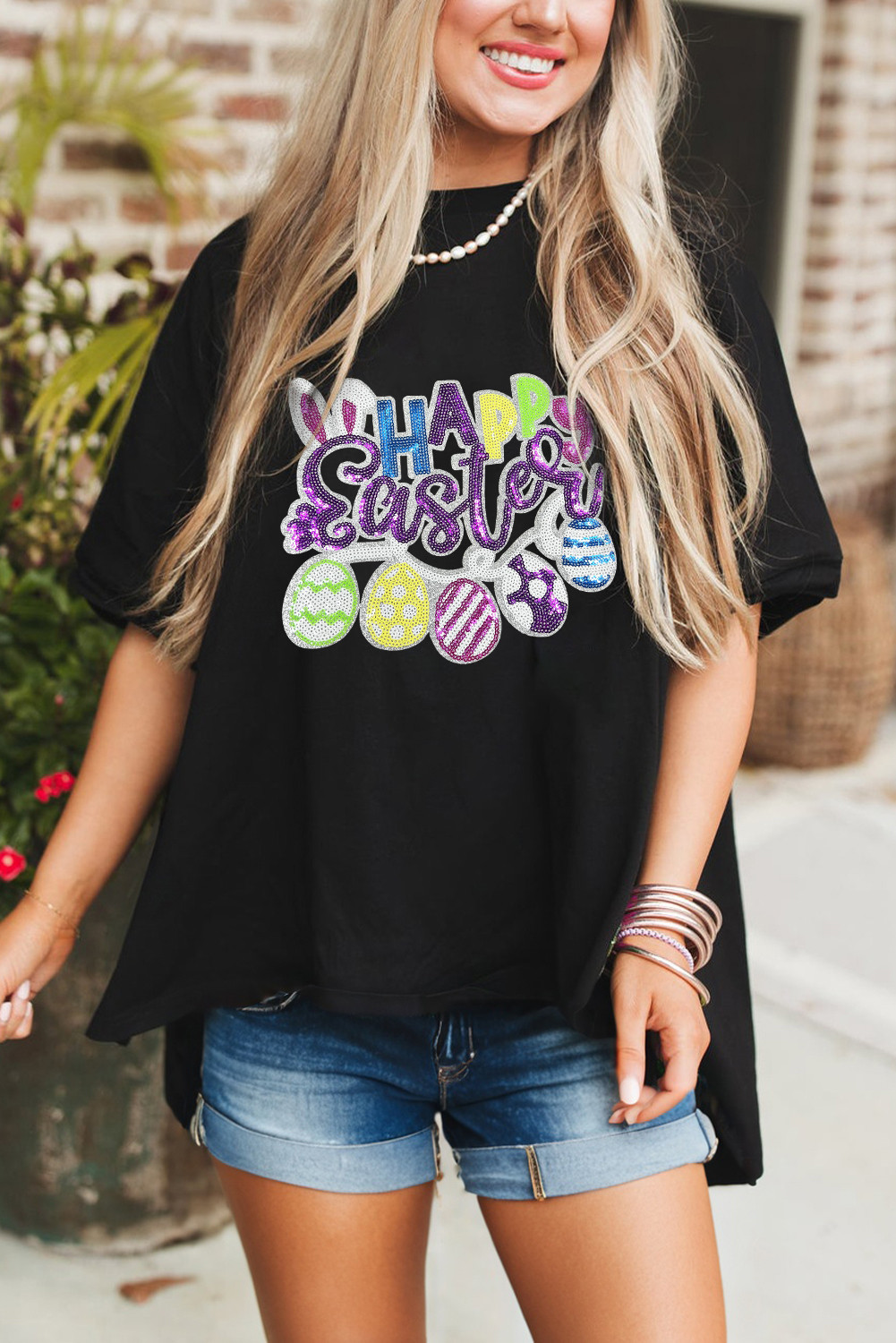 Black Happy Easter Sequin Graphic Drop Shoulder T Shirt