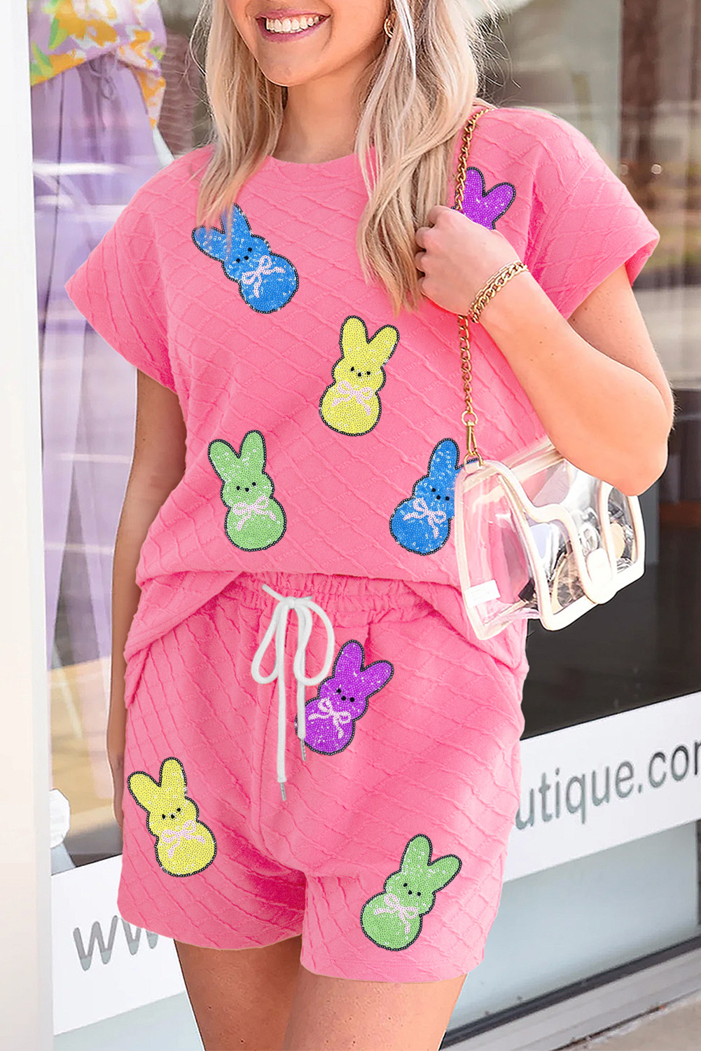Sachet Pink Sequin Bunny Geometric Textured Shorts Set