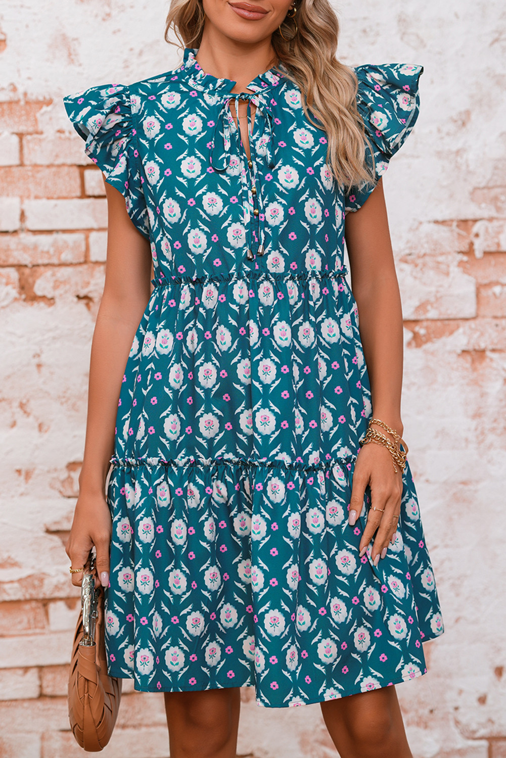 Blue Retro Floral Print Split Neck Ruffle Short Sleeve Dress