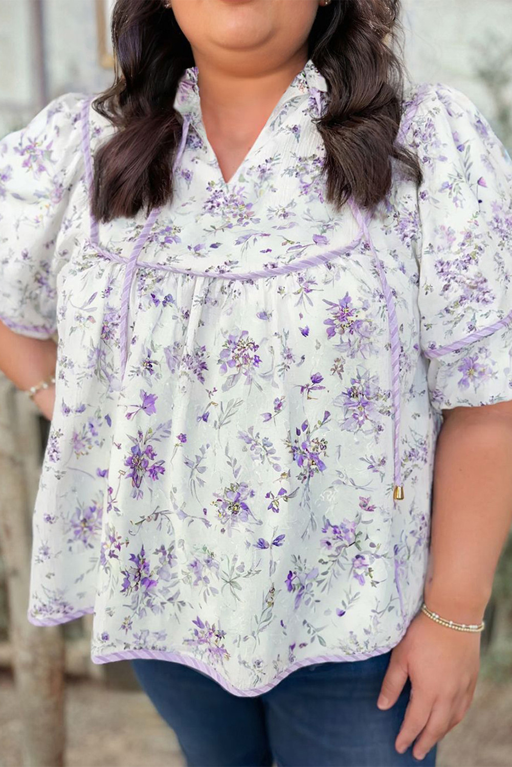 Purple Floral Print Split Neck Plus Size Top