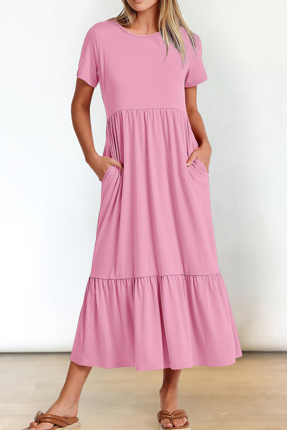 Pink Solid Color Short Sleeve High Waist Pocketed Midi Dress