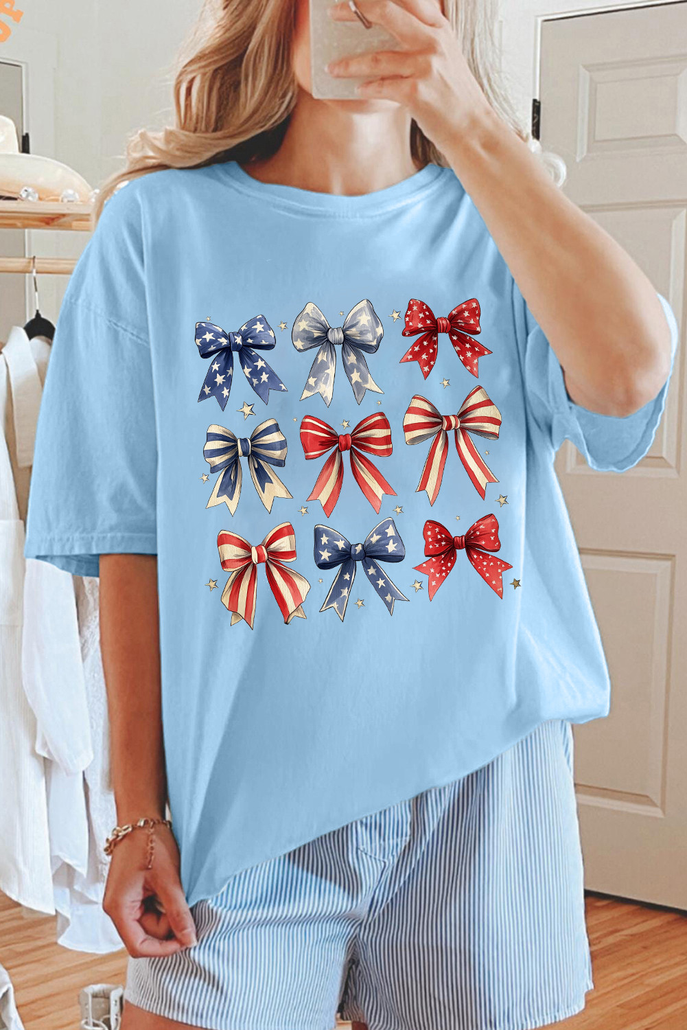 Light Blue USA Flag Bowknot Graphic Tee