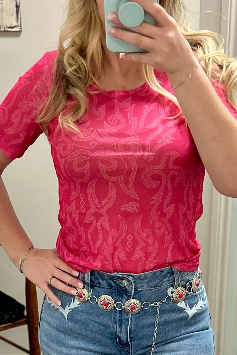 Red Western Casual Mesh T Shirt