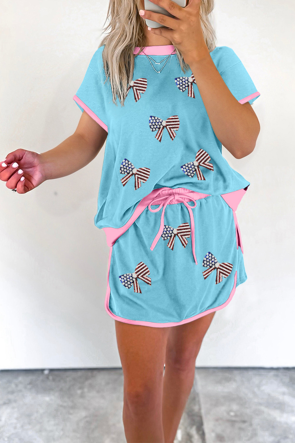 Turquoise Sequin American Flag Bowknot Contrast Trim Casual Skort Set