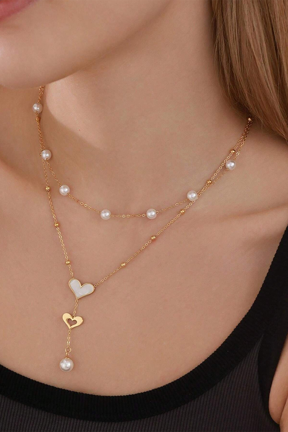 Gold Heart Pearl Double Chain Necklace
