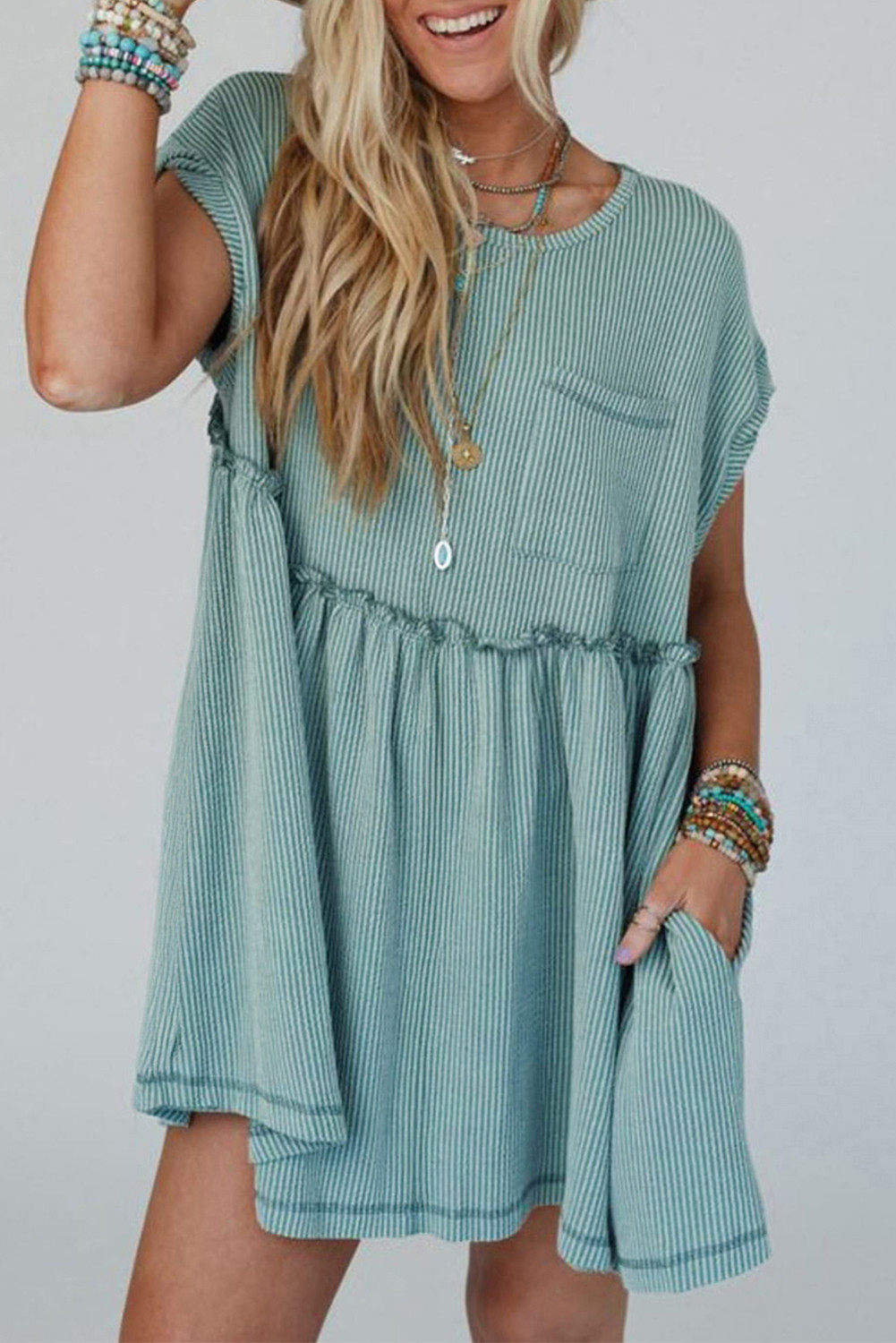 Canton Textured Patched Pocket Frilly Mini Dress