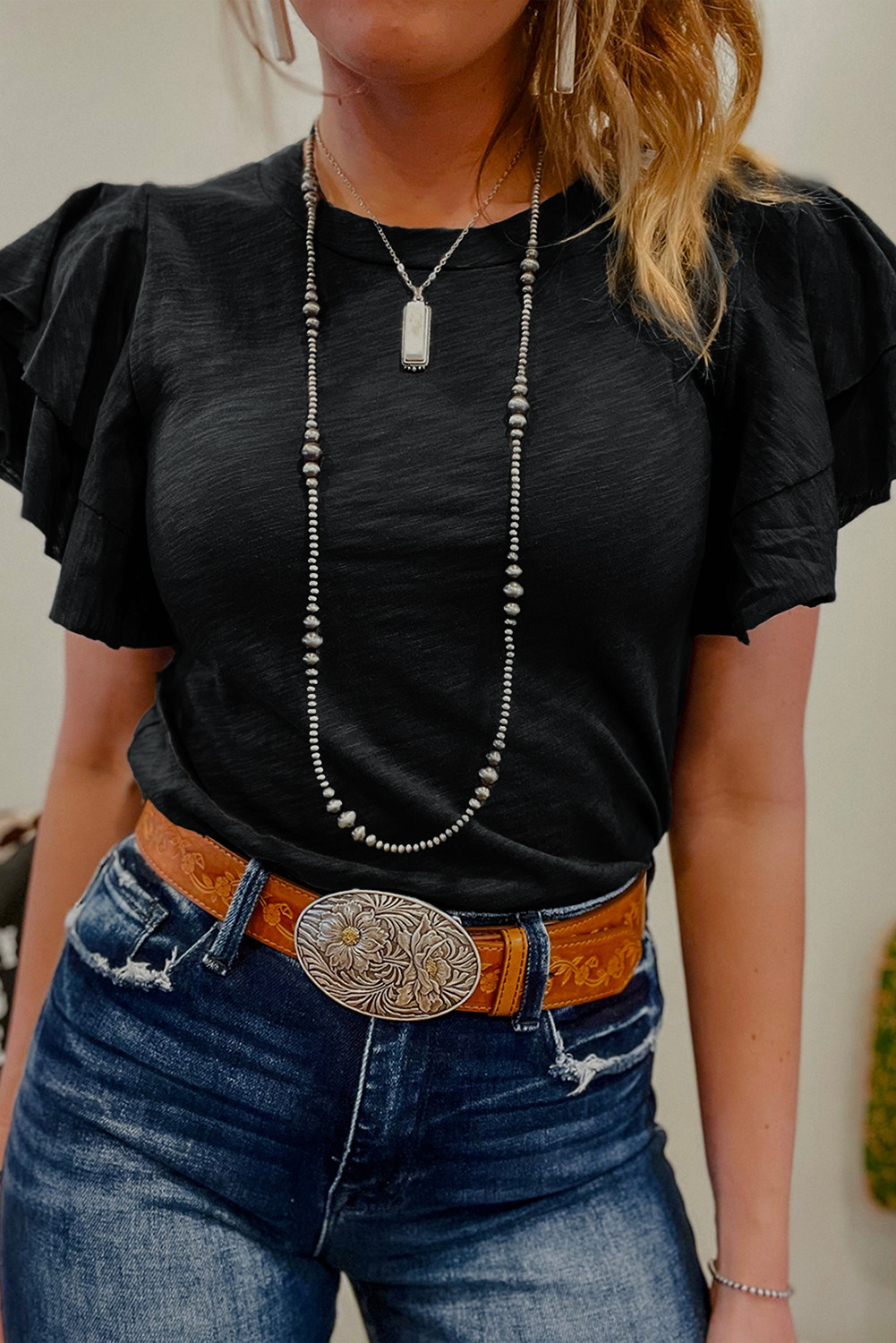 Black Ruffle Sleeve Plain Blouse