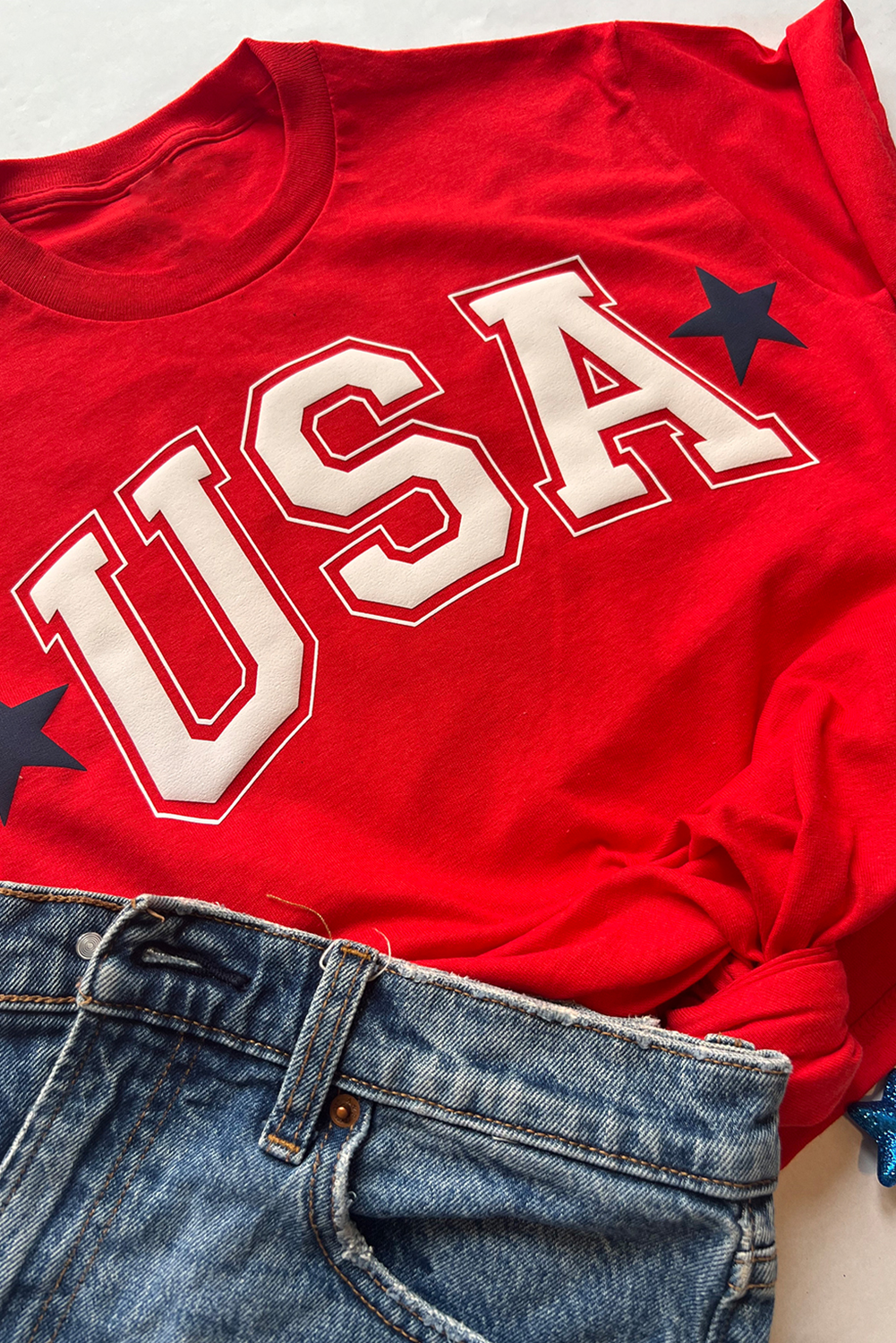Red Star USA Print Crewneck T Shirt