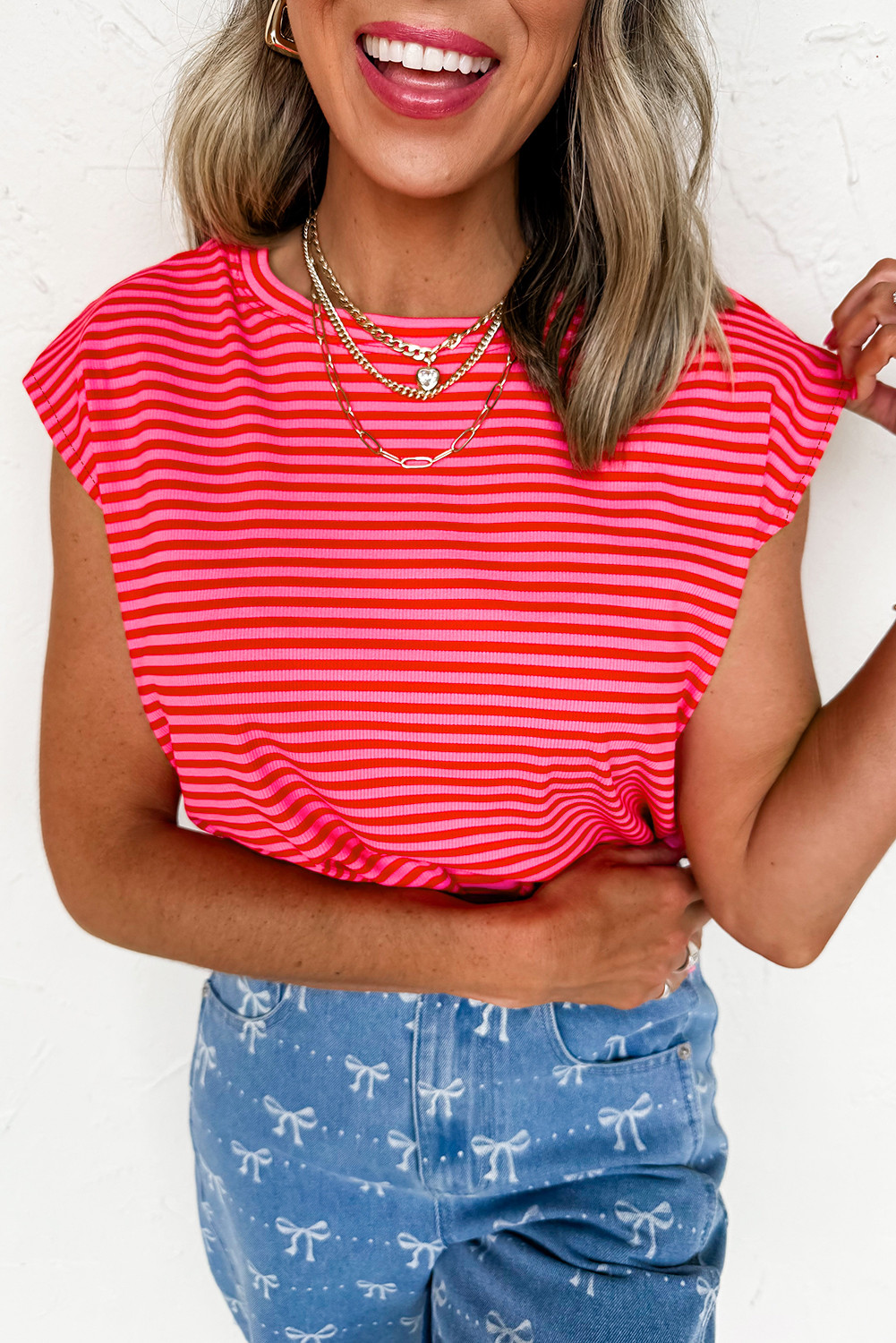 Red Stripe Ribbed Cap Sleeve Round Neck T Shirt