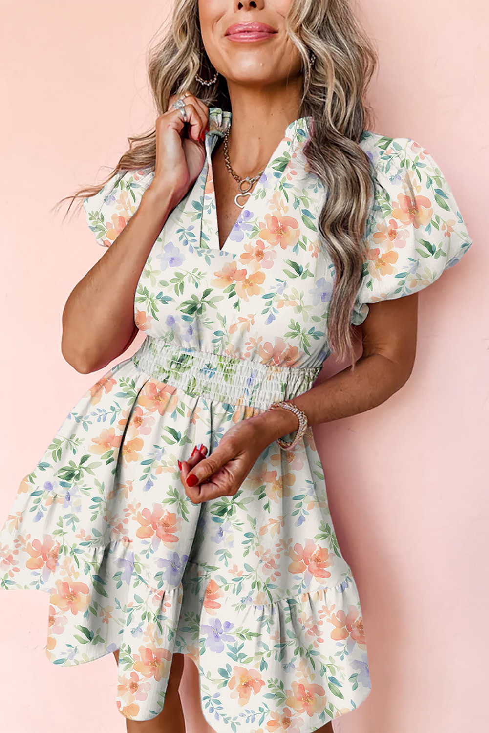 Beige Floral Print Smocked High Waist Puff Sleeve Mini Dress