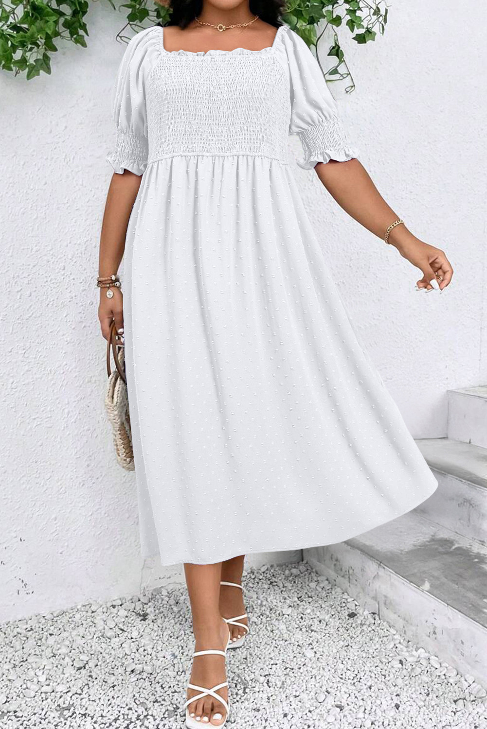 White Swiss Dot Smocked Frill Square Neck Plus Size Dress