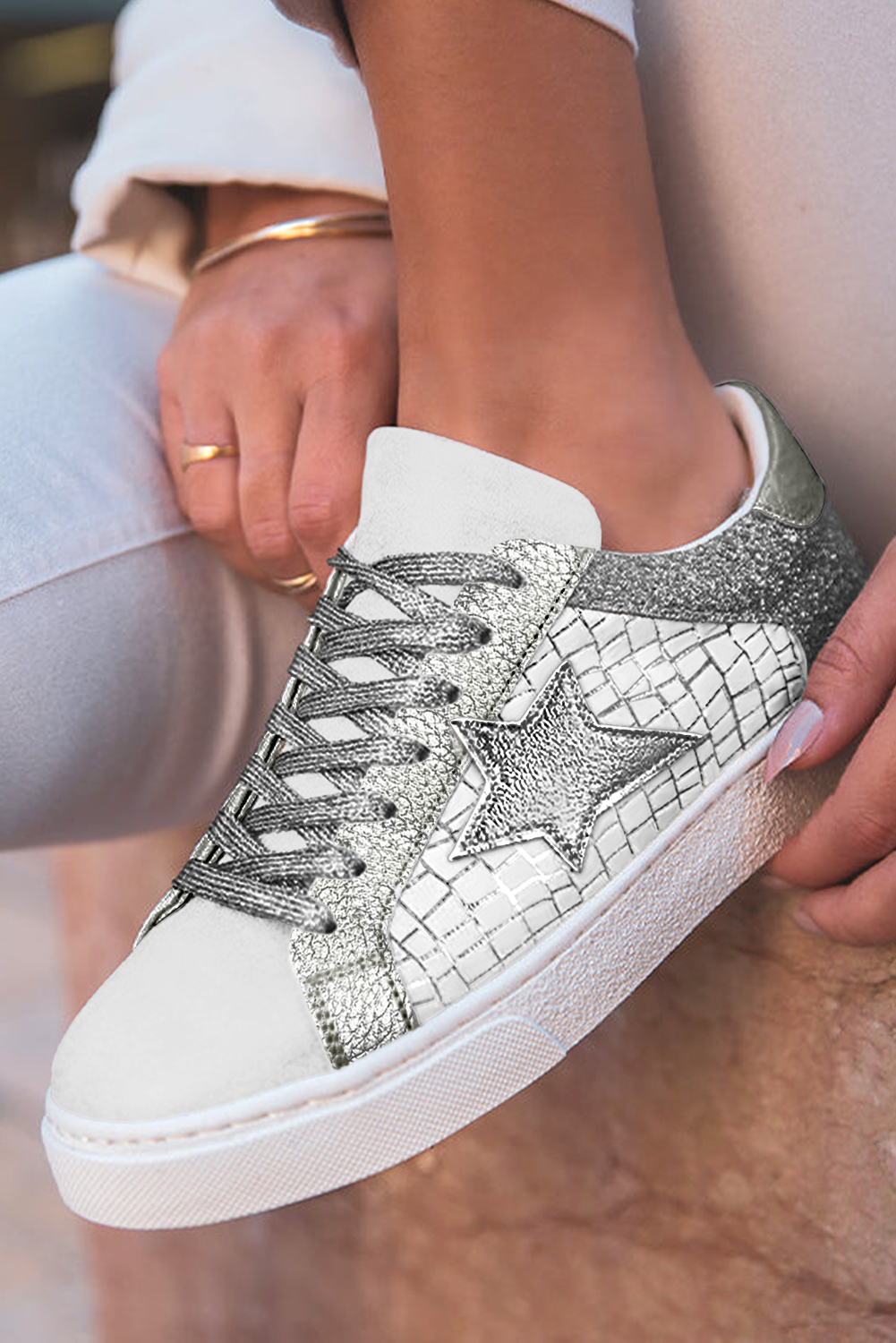 Silvery Glitter Star Patchwork PU Leather Lace-up Sneakers