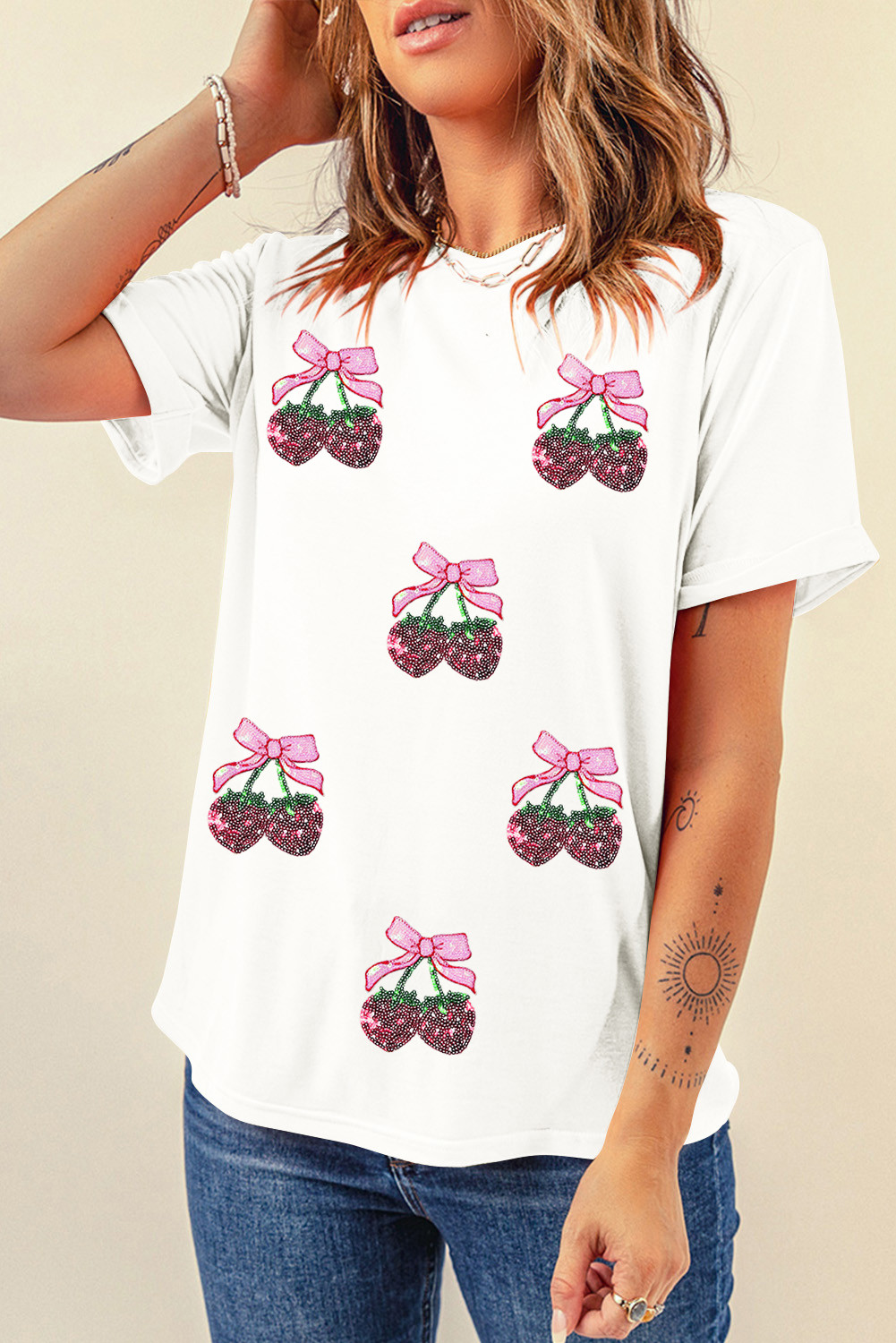 White Sequin Bow Strawberry Graphic Crew Neck T Shirt